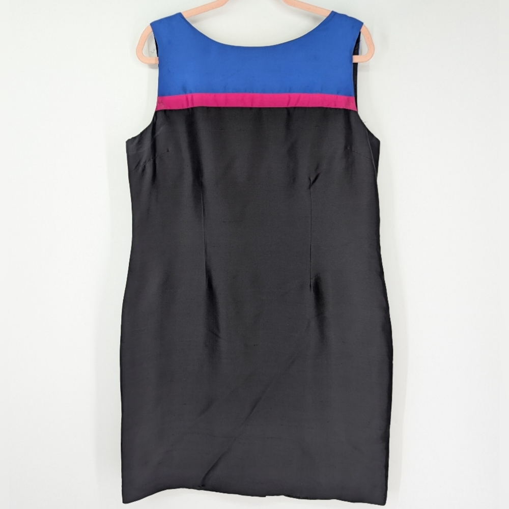 Vintage Victoria Holley 100% Silk Blue Pink Black Sleeveless Sheath Dress 16